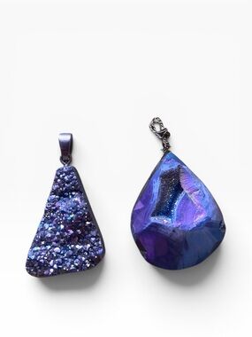 Source Unknown Purple Druzy and Iridescent Teardrop Pendant Set
